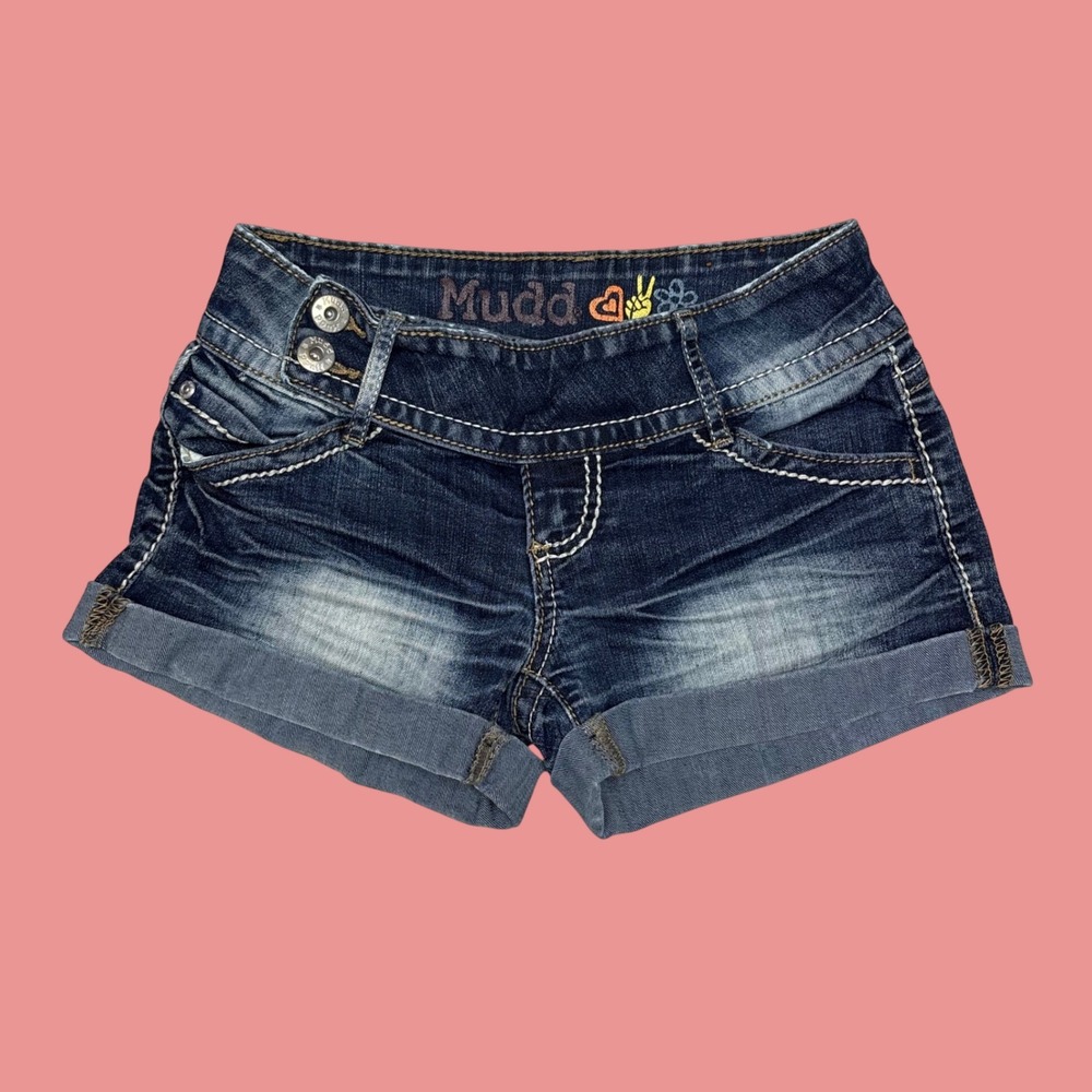 Mudd Womens Dark Wash Cuffed Denim Shorts Low Rise Y2K Size 0